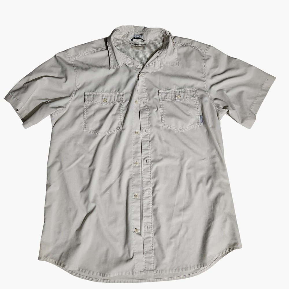 Columbia Omni-Shade Men XL Short Sleeve Button Up Shirt Tan Khaki Hiking Fishing